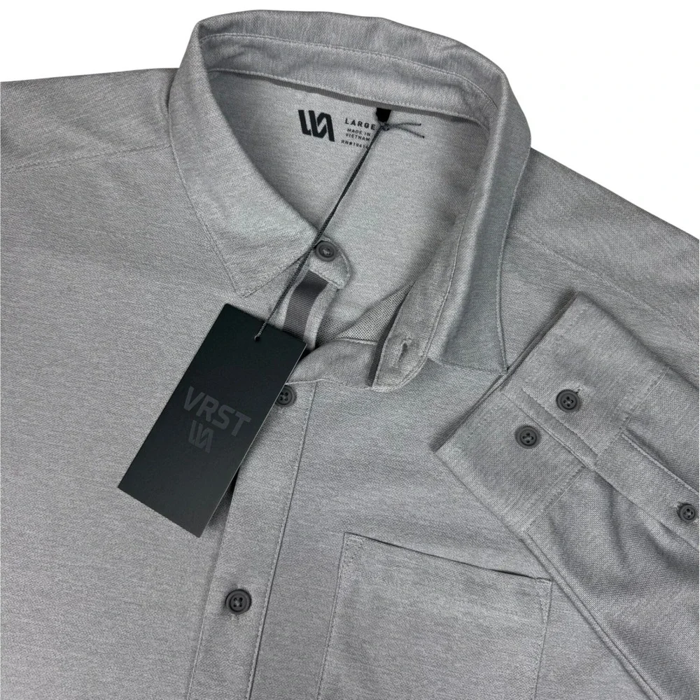 New VRST Button‎ Down Shirt Performance Stretch Mens Large Silver Gray Anti-Odor